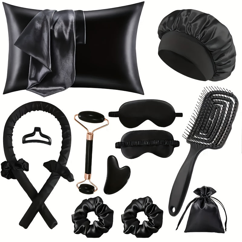 13pcs Sleep Hairstyle Design Tool Set | Curler And Facial Massager, Pillowcase, No Heat Curling Kit, Overnight Curler, Sleeping Eye Mask, Women'S Face Roller Light Beige Care Tools Black/Pink/Purple 3 Colors for Choose