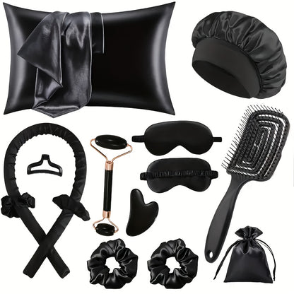 13pcs Sleep Hairstyle Design Tool Set | Curler And Facial Massager, Pillowcase, No Heat Curling Kit, Overnight Curler, Sleeping Eye Mask, Women'S Face Roller Light Beige Care Tools Black/Pink/Purple 3 Colors for Choose