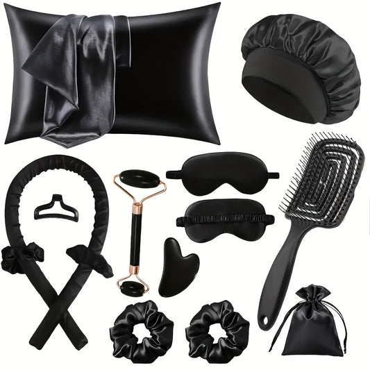 13pcs Sleep Hairstyle Design Tool Set | Curler And Facial Massager, Pillowcase, No Heat Curling Kit, Overnight Curler, Sleeping Eye Mask, Women'S Face Roller Light Beige Care Tools Black/Pink/Purple 3 Colors for Choose