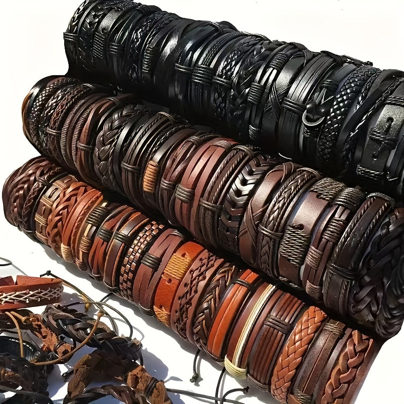 20pcs Bohemian Faux Leather Bracelets Set | Handwoven Punk Hippie Wristbands | Unisex Vintage Genuine Faux Leather Cuff Bracelet | Mixed Design Boho Jewelry for Daily & Party | Gift Ready Ethnic Additions