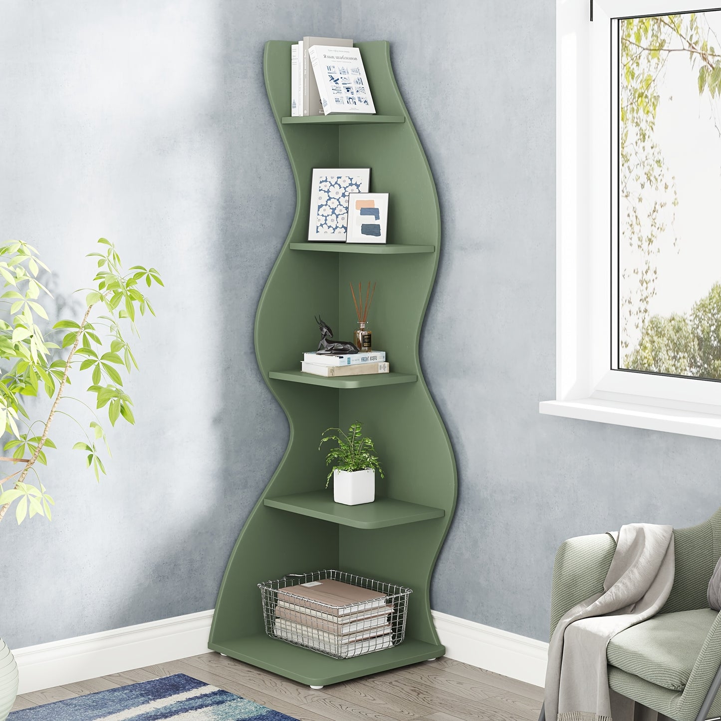 Rustic 5-Tier Corner Shelf, Wall Mounted Bookshelf with Unique Shape, Small Bookcase Storage Rack And Plant Stand for Living Room, Home Office