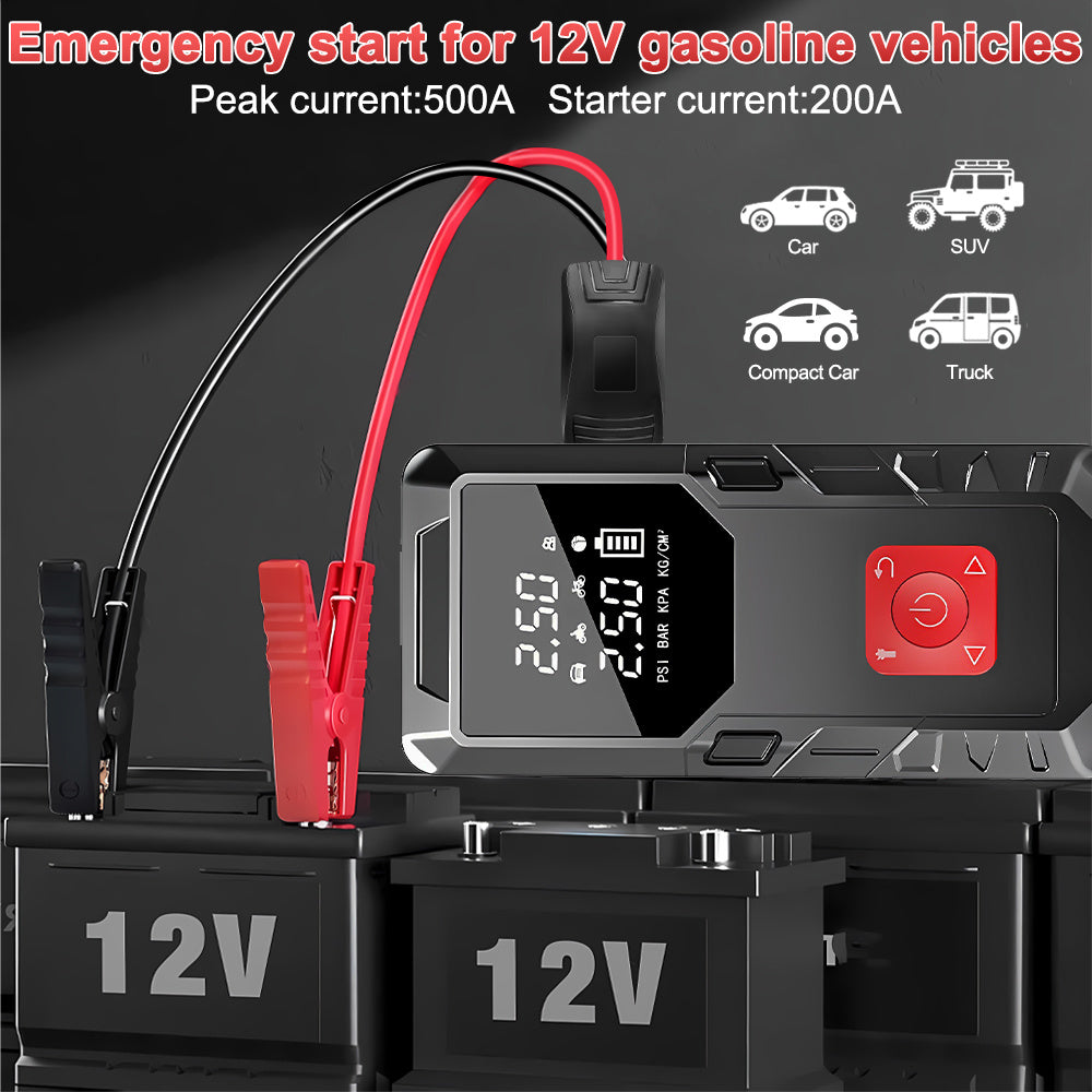 Car Jump Starter & Tyre Inflator 150PSI, Emergency Kit for All Petrol & Diesel Cars, Portable Tyre Inflator with LED Light, 12V Power Bank for Phone Charging, Emergency Battery Booster for Petrol/Diesel Engines, Essential for Travel, Camping & Winter Driv