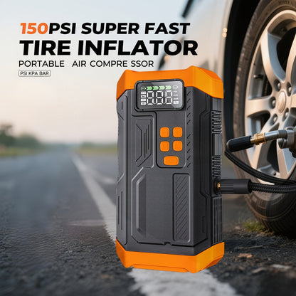 HPBS 5000A Peak Portable Car Jump Starter with Air Compressor - 12V 9.0L Gas/8.0L Diesel Fast Charge, Digital Display, LED Emergency Light, Power Bank & 4 Nozzles for Cars, Trucks, SUVs, Motorcycles, Inflatable Items - Compact Rechargeable Lithium-Polymer