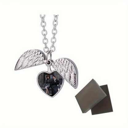 Personalized Angel Wings Necklace Heart Box Pendant Custom Picture Open Box Angel Wing Pendant