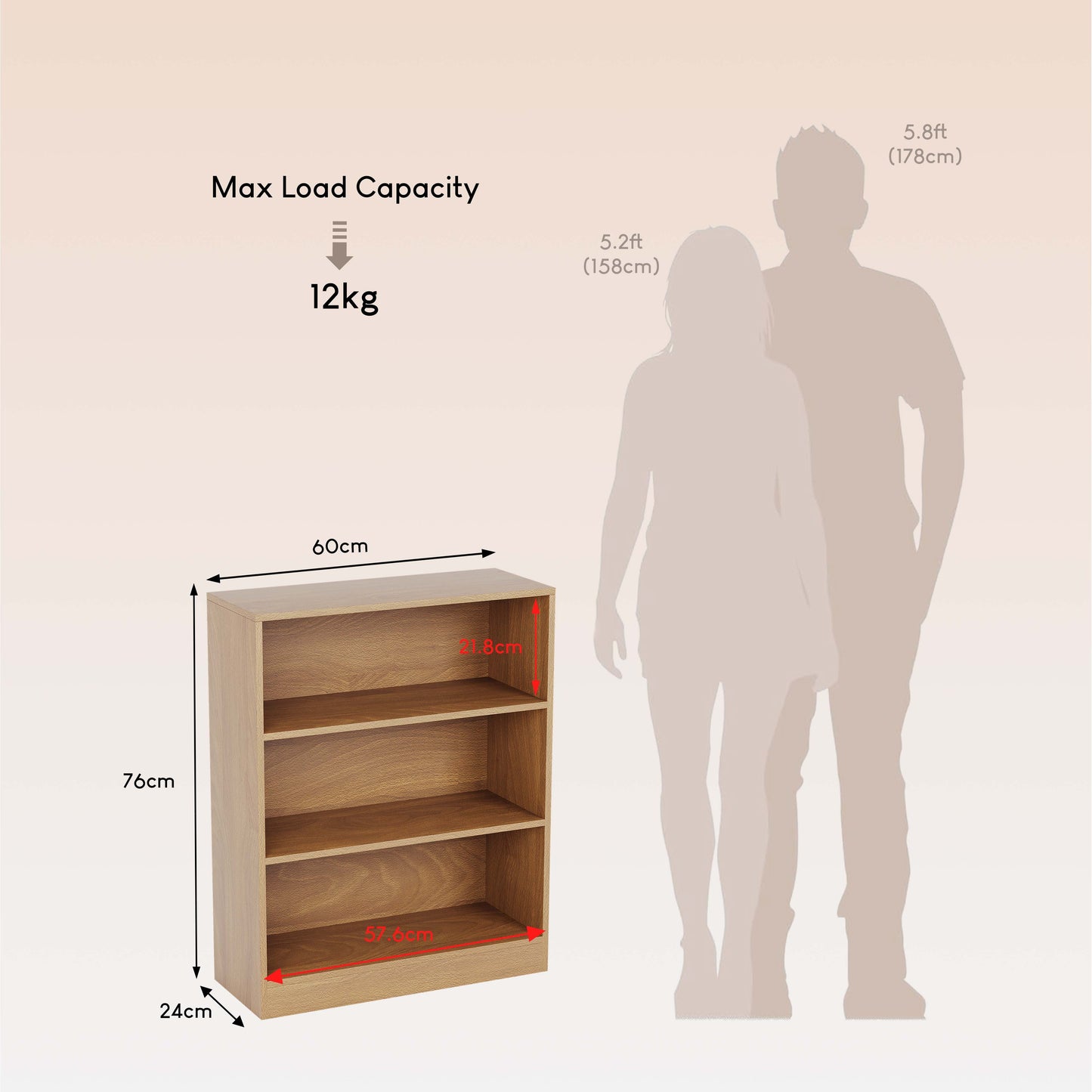 3-Tier Bokcase, Wooden 3 Tier Low Bookcase Wooden Shelving Display Storage Unit Home Office Living Room Bedroom Furniture