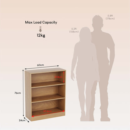 3-Tier Bokcase, Wooden 3 Tier Low Bookcase Wooden Shelving Display Storage Unit Home Office Living Room Bedroom Furniture