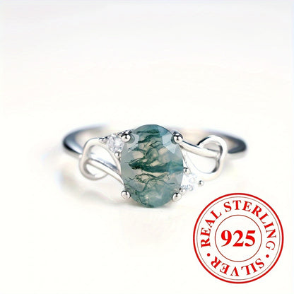 Pure Silver Elegant Niche S925 Natural Moss Agate Round Infinity Engagement Wedding 1.9G Ring (Ring Box Is a Photography Prop) Note: Moss Agate Is a Natural Stone, Each Pattern Is Slightly Different