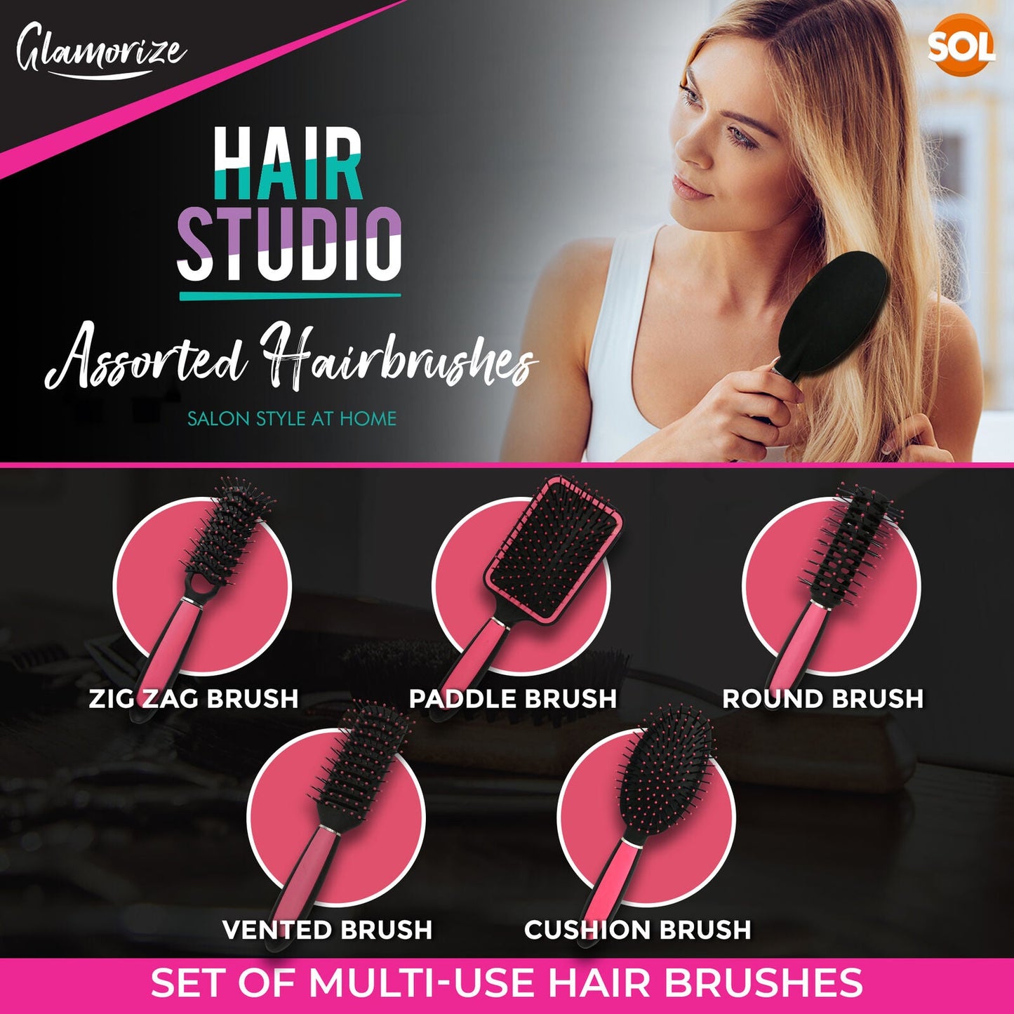 5 Pack Hair Brush Set for Women | Professional Pink Hairdressing Brushes | Paddle, Cushion, Round, Zig Zag & Vented Styling Brushes | Salon & Home Hair Brush Kit for Detangling, Volume & Smooth Styling