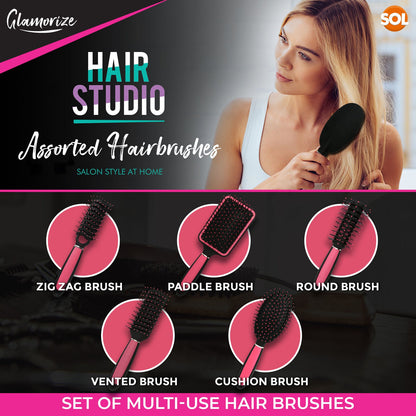 5 Pack Hair Brush Set for Women | Professional Pink Hairdressing Brushes | Paddle, Cushion, Round, Zig Zag & Vented Styling Brushes | Salon & Home Hair Brush Kit for Detangling, Volume & Smooth Styling