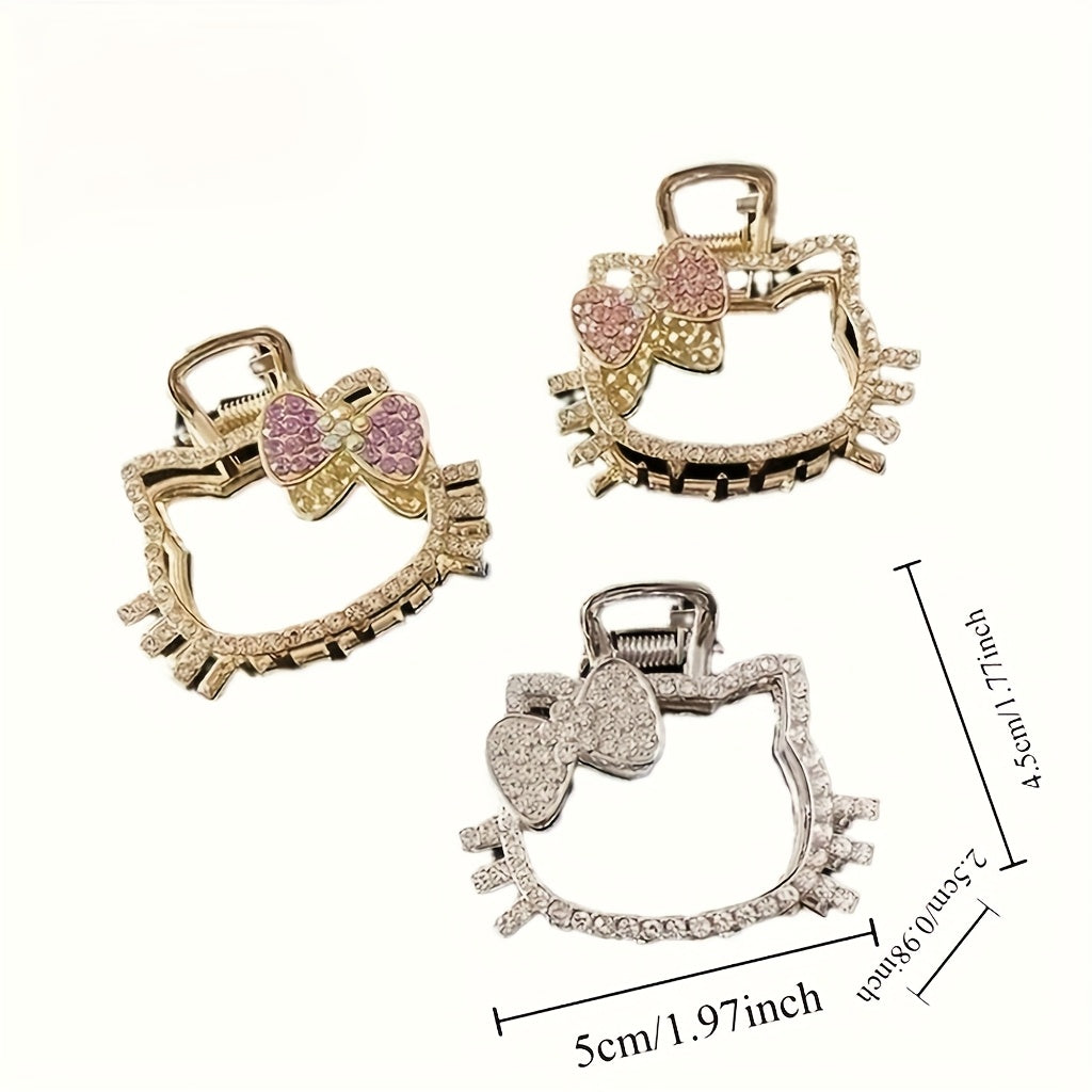 [Sanrio Hello Kitty Hair Clip] Sanrio Hello Kitty Rhinestone Hair Clip 1pc - Cartoon Hollow-Out Bow Claw Clip with Shark Clip Design, Women's Metallic Colorful Hair Accessory, Christmas, Ideal Gift for Independence Day And Bastille Day Celebrations