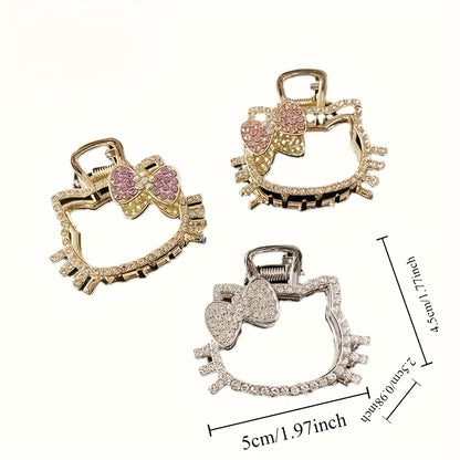 [Sanrio Hello Kitty Hair Clip] Sanrio Hello Kitty Rhinestone Hair Clip 1pc - Cartoon Hollow-Out Bow Claw Clip with Shark Clip Design, Women's Metallic Colorful Hair Accessory, Christmas, Ideal Gift for Independence Day And Bastille Day Celebrations
