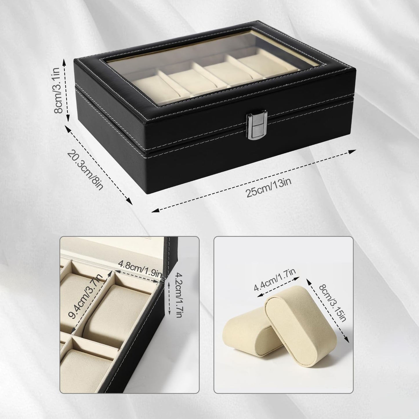 Uten Watch Box 10 Slots, Watch Case with Glass Lid, Watch Display Storage Box for Men and Women, Removable Watch Pillows, PU leather