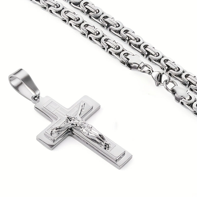 Men's Fashion Accessories 2pcs Set: Stainless Steel Corrosion Geometric Pattern Pendant + Hand-Assembled U-Shaped Necklace