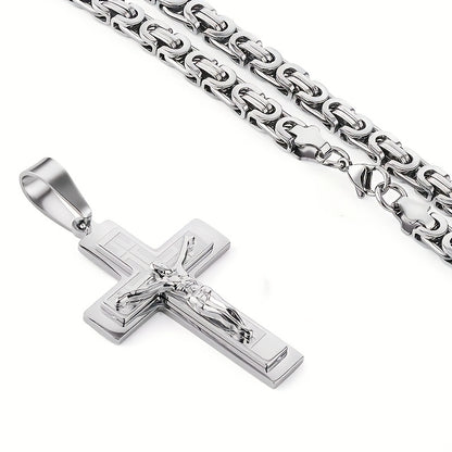 Men's Fashion Accessories 2pcs Set: Stainless Steel Corrosion Geometric Pattern Pendant + Hand-Assembled U-Shaped Necklace