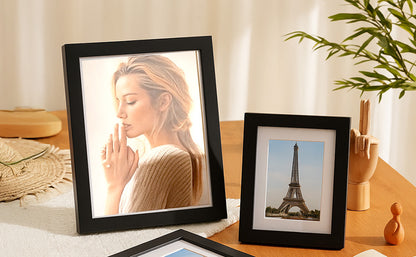 19 Pcs Wooden Photo Frame Set, Multi Size Picture Frames with Stand & Wall Hooks, Tabletop or Wall Mounted Display