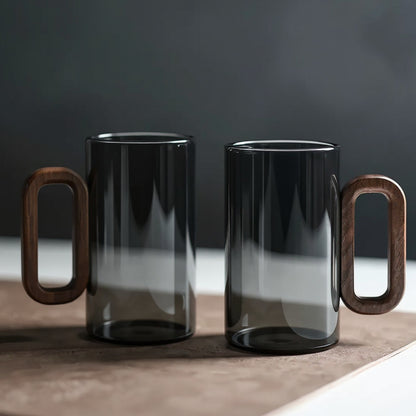 6pcs Glass Water Cups with Wooden Handle, 360mL Smoky Blue Drinking Glasses for Tea, Coffee & Cold Beverages, Modern Household Living Room Cups