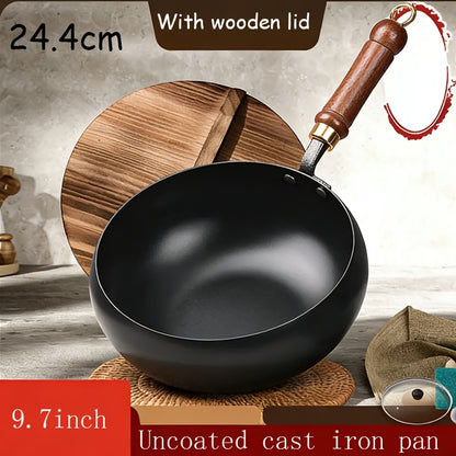 Professional Handmade Cast Iron Dutch Wok - Uncoated, Wooden Lid, Multi-Purpose Wok, Frying Pan Stock Pot Anti-Splatter Oven & All Stove Compatible Durable, Even Heating for Healthy