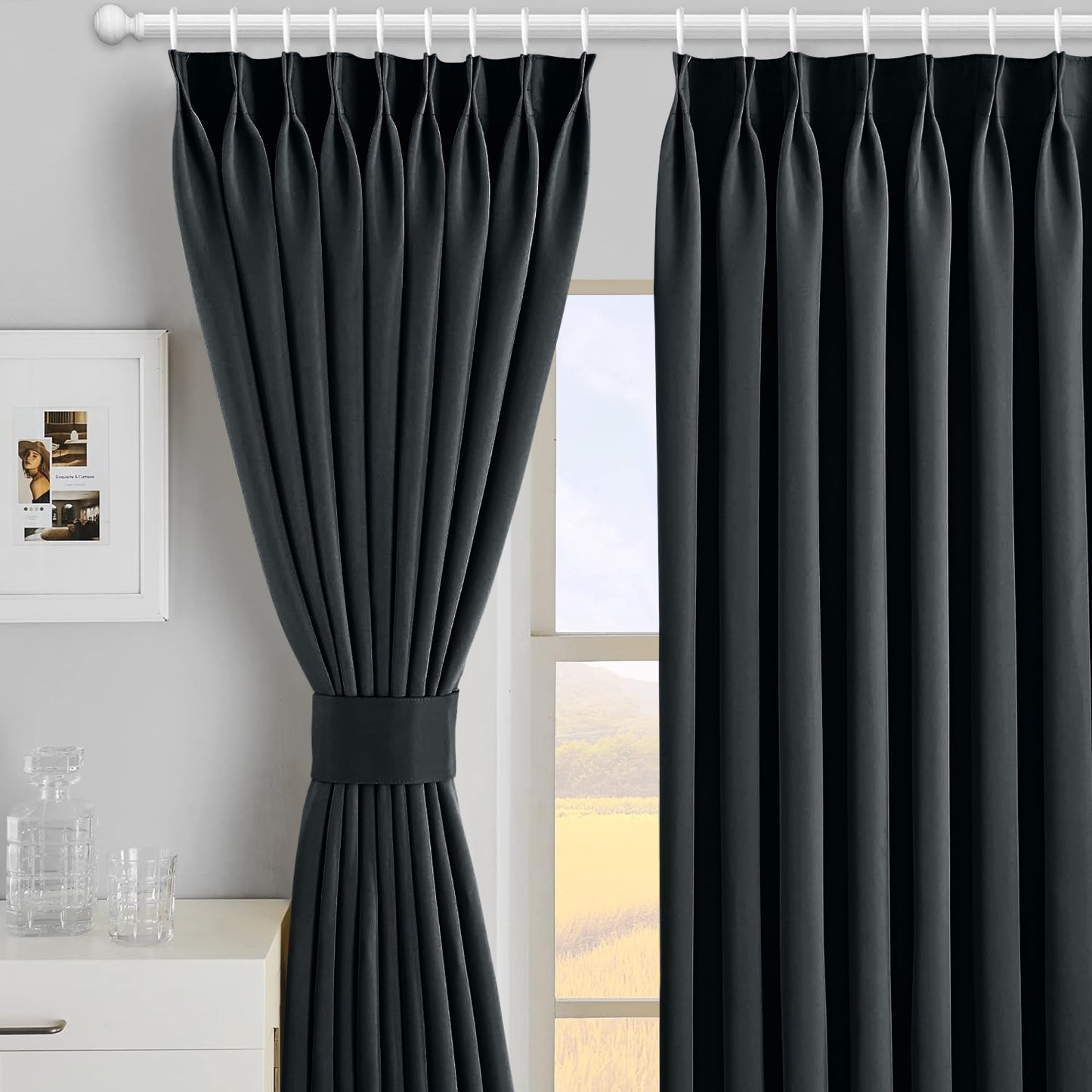 2pcs Premium Blackout Pencil Pleat Curtains – Heavy Duty Thermal Insulated Window Drapes with Matching Ties, Noise Reducing, Energy Saving & UV Blocking, Perfect for Bedroom & Living Room