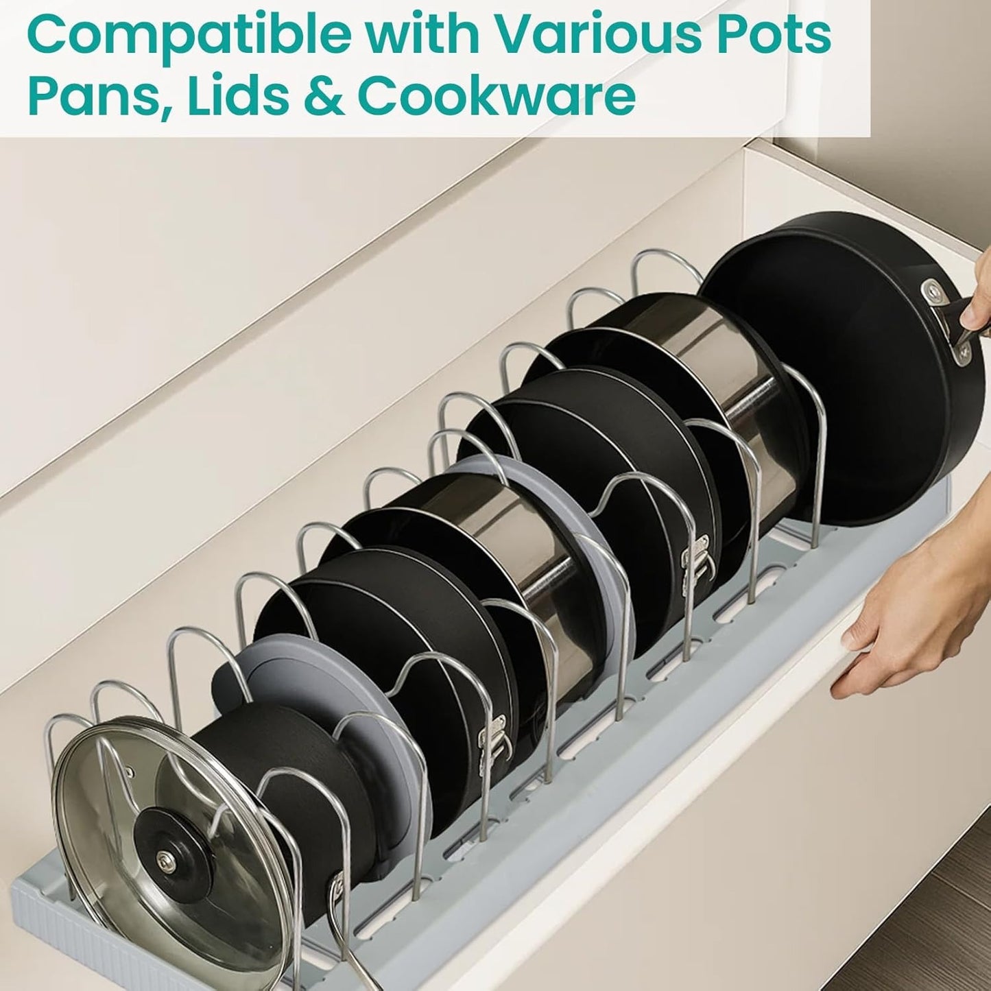 Expandable Pan Lid Organiser Rack 7/10 Adjustable Dividers, Anti-slip Pantry Cupboard Organiser Kitchen Drawer Bakeware Plate Holders for Pots, Pans, Chopping Board, Saucepan, Baking Trays