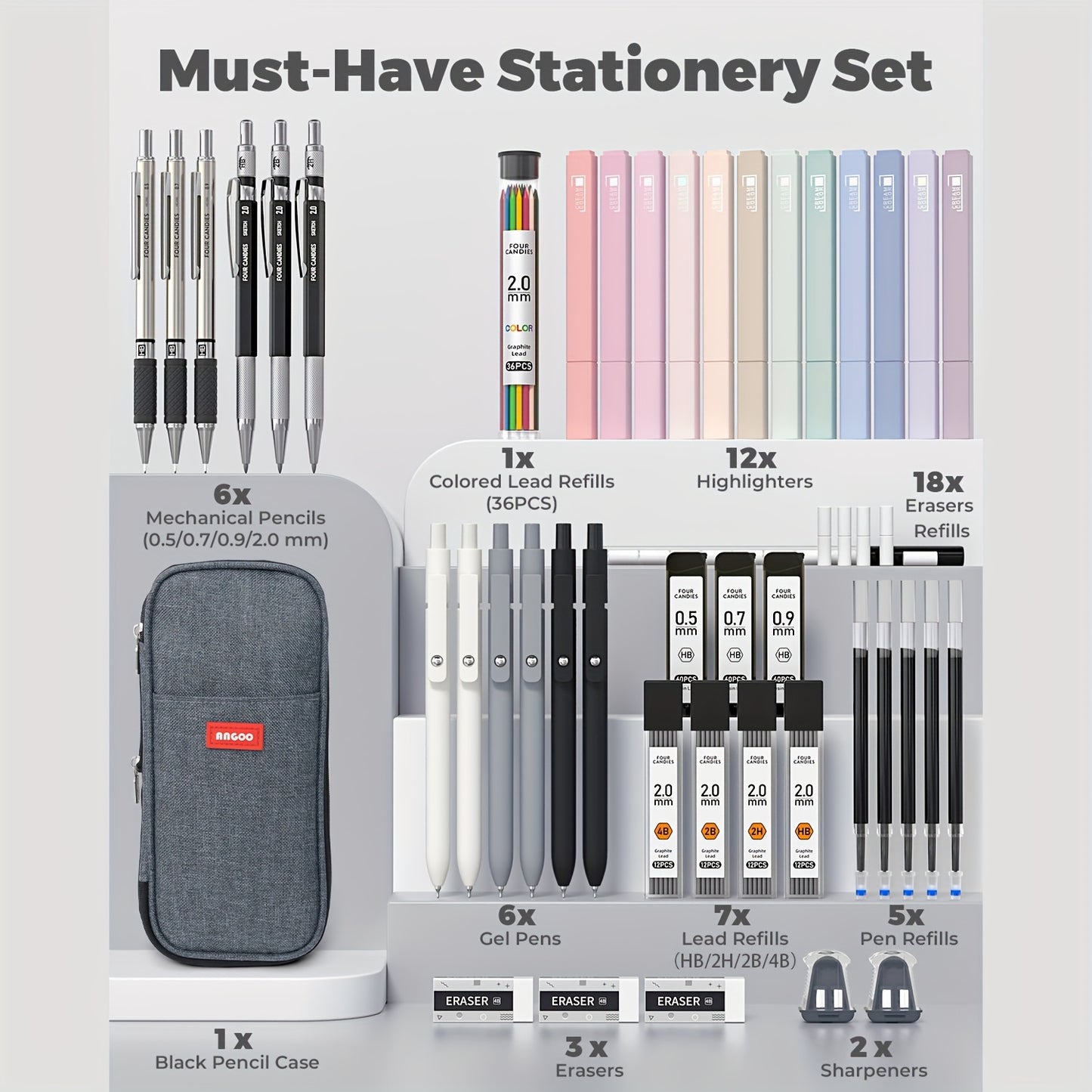 Four Candies 39pcs Cute School Supplies with Pen Case, 5 Black Ink Gel Pens, 12 Pastel Highlighters, 6 Aesthetic Mechanical Pencils Set