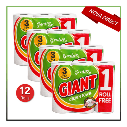 Gentille Giant 3 Ply Thickness Paper Towel | Extra Strong, Absorbent, Tough, Durable Kitchen Roll | Multipurpose Bulk Pack (12)