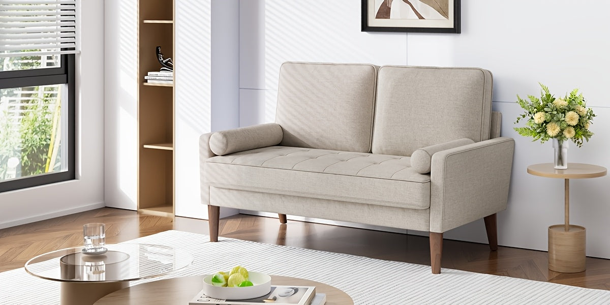 [Modern Linen Sofa] Comfy Modern Linen Sofa with Spring Cushion | Small 2 Seater for Living Room, Bedroom, Office - Love Seat with Armrests in Ashbeige