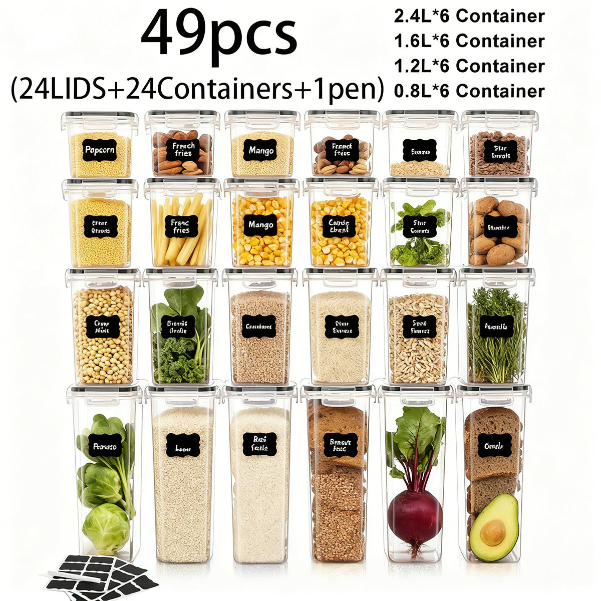 49pcs/21pcs Plastic Food Storage Containers with Gull-Wing Lids & Lids Suitable for Snacks, Noodles, Flour - Rectangular Jars with Sealable Lids, Hand-Washable Kitchen Pantry Organizers for Dry Goods Preservation (Jars + Lids + Pen)