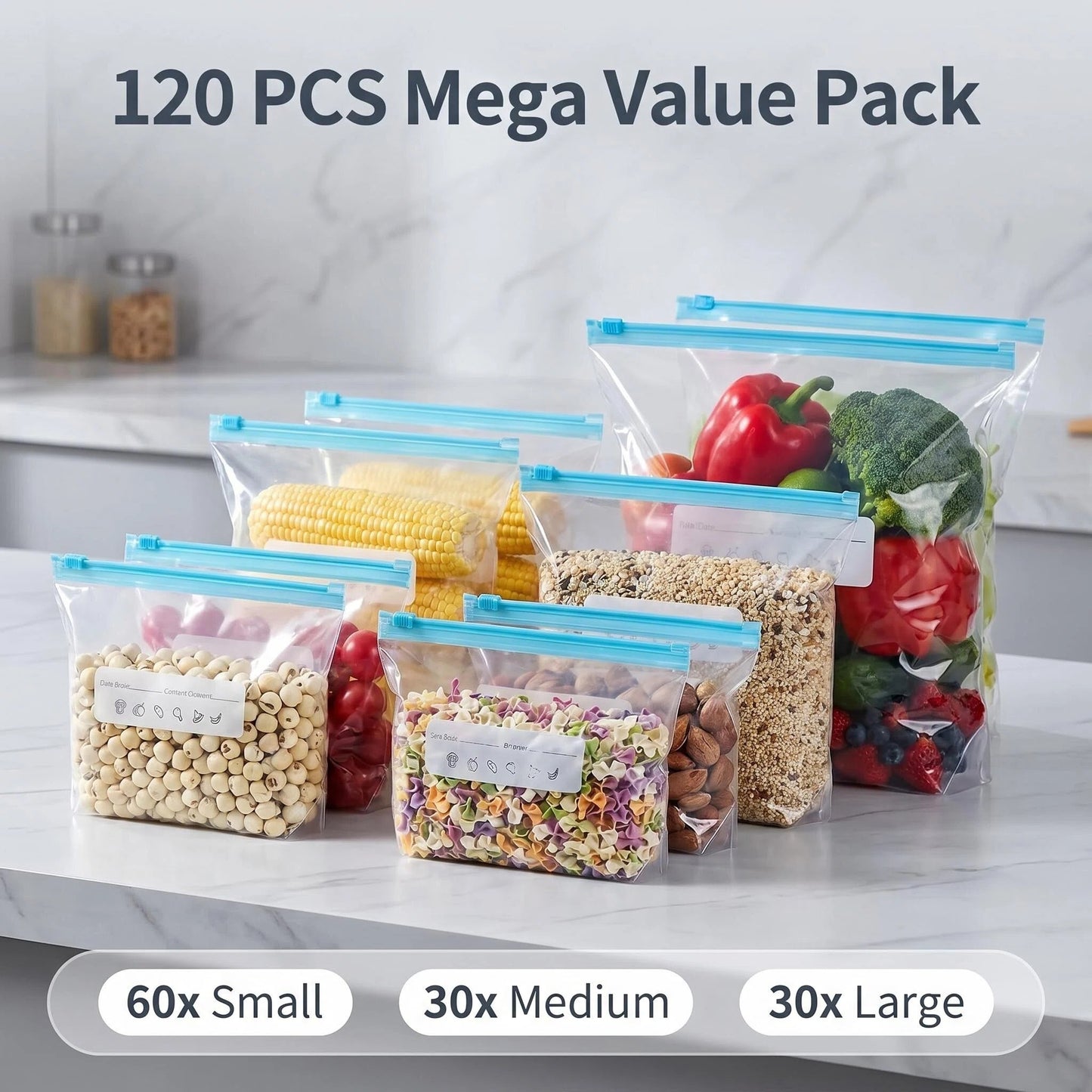 120pcs Reusable Food Storage Bags with Zipper, Leak-Proof & Airtight Kitchen Freshness Bags - Ideal for Food Preservation, Reusable Produce Bag