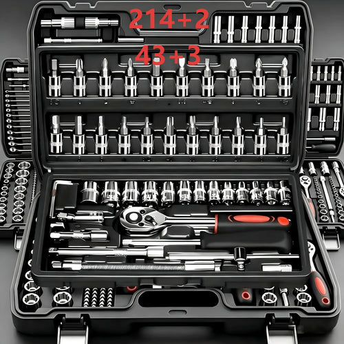 43+3/214+2pcs Heavy-Duty Socket Wrench & Tool Set with Quick-Release Ratchet, Extension & Screwdriver Kit Suitable for Car, Motorcycle, Repair, 1/2 1/4 3/8 Drive, Professional Mechanic Tool Kit for DIY and Auto Maintenance
