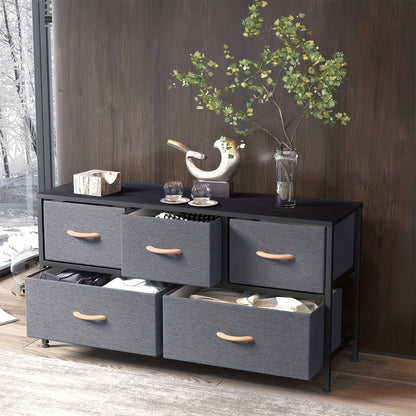 Chic Dark Gray 5-Drawer Storage Cabinet with Wood Panels & Metal Frame - Perfect for Bedroom & Living Room Organization, Storage Drawer Units