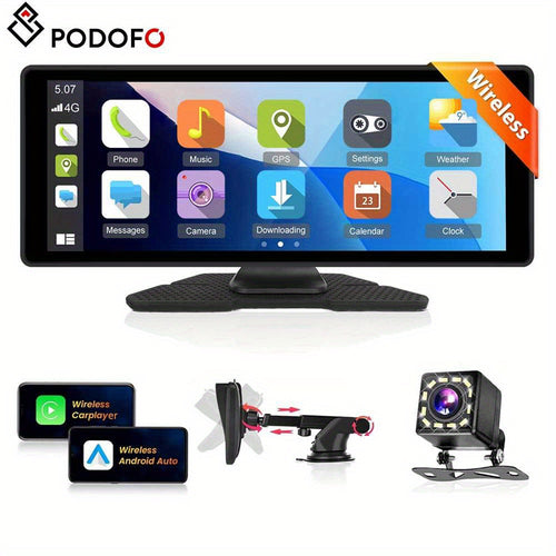 PODOFO 10.26" Wireless Car Player Screen for Car Radio with Wireless Android Auto/ Handsfree/Hd Touchscreen/Airplayer/Android Mirror Link/Gps/Siri/Hd Backup Camera/Fm/Aux/Tf Card Port, Without Battery