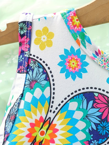 Girls' Summer Vibrant Cute Butterfly Flower Print Round Neck Sleeveless Dress for Vacation, Picnic, Casual Attire