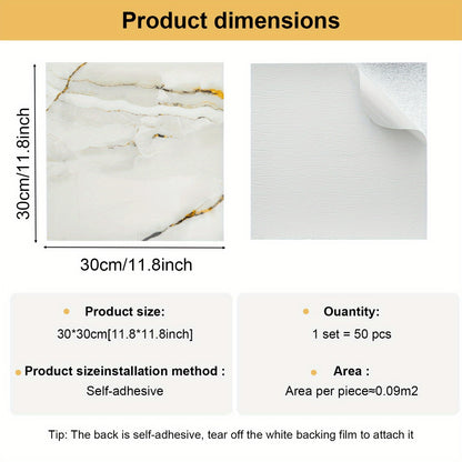 50pcs of 3D Marble Wall Tile Wallpaper, Self-Adhesive Foam Wall Panels, Perfect for Home Decor Wall Stickers. They Are Easy to Peel, Stick, Clean, And Cut, Making Them Ideal for Renovating Bathrooms