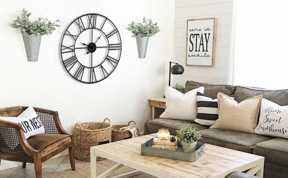 Large Wall Clock Metal Vintage Large Black Wall Clock Round Silent Skeleton Roman Numerals Hanging Clock Battery Wall Clock for Living Room Bedroom Kitchen Hotel Office Black