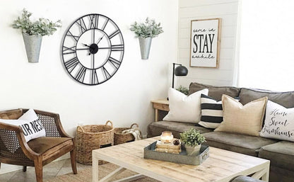Large Wall Clock Metal Vintage Large Black Wall Clock Round Silent Skeleton Roman Numerals Hanging Clock Battery Wall Clock for Living Room Bedroom Kitchen Hotel Office Black