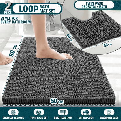 2-Piece Loop Bathroom Mat Set | Soft Chenille Microfiber Rugs with Non-Slip Backing | Machine Washable | Includes 50x80cm Bath Mat & 50x40cm Pedestal Mat | Stylish, Comfy & Durable | UK STOCK | LOCAL WAREHOUSE