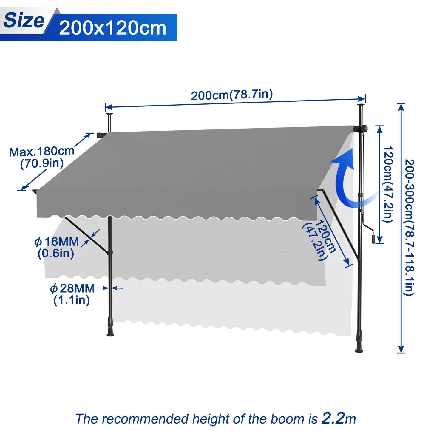 Clamp Awning With Hand Crank Balcony Awning No Drilling Awning Retractable Sun Protection Made Of Polyester UV-Resistant And Height Adjustable Patio Canopy, Dark Grey/Light Grey, 200/250/300/350/400 X 120 Cm