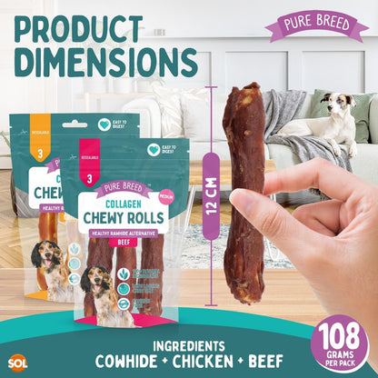 Collagen Chewy Rolls for Dogs 12 Pack – Long Lasting Dog Chews 12cm, Beef & Chicken Flavour, Natural Protein Training Treats for Puppies & Adults, Resealable Pack, Oral Care Boredom Buster