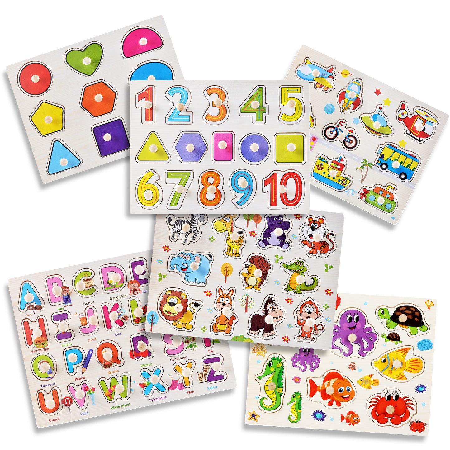 6 Pack Kids Wooden Learning Puzzle Educational Interlocking Vehicles ABC Numbers Machine Bus Sensory Toy for Kids 07533