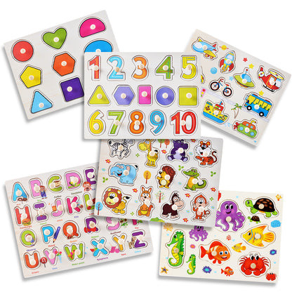 6 Pack Kids Wooden Learning Puzzle Educational Interlocking Vehicles ABC Numbers Machine Bus Sensory Toy for Kids 07533