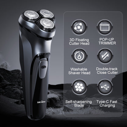 SEJOY Men' Electric Razor - Wet/Dry Shaver with Pop-Up Trimmer, 1-Hour Quick Charge, 3D Floating Head & LCD Power Display - Rechargeable - Shaver Suitable for Face & Body Hair