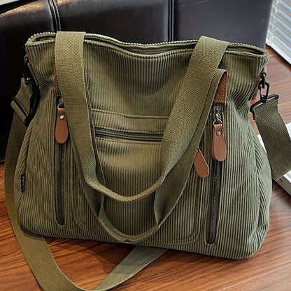 Corduroy Tote Bag Women Large Capacity – Adjustable Shoulder Strap, Multi-Pocket Crossbody Handbag for Work, Shopping & Daily Commute | Beige Vintage Style