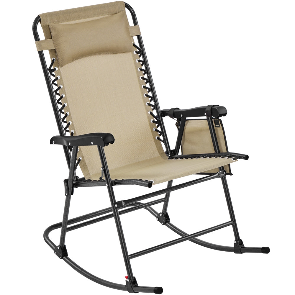 Costoffs Patio Chair Foldable Rocking Chair, Outdoor Lounge Chair with Headrest Pillow for Outdoor Use Only, Napping or Sunbathing, Black/Beige/Navy Blue Outdoor Use Only
