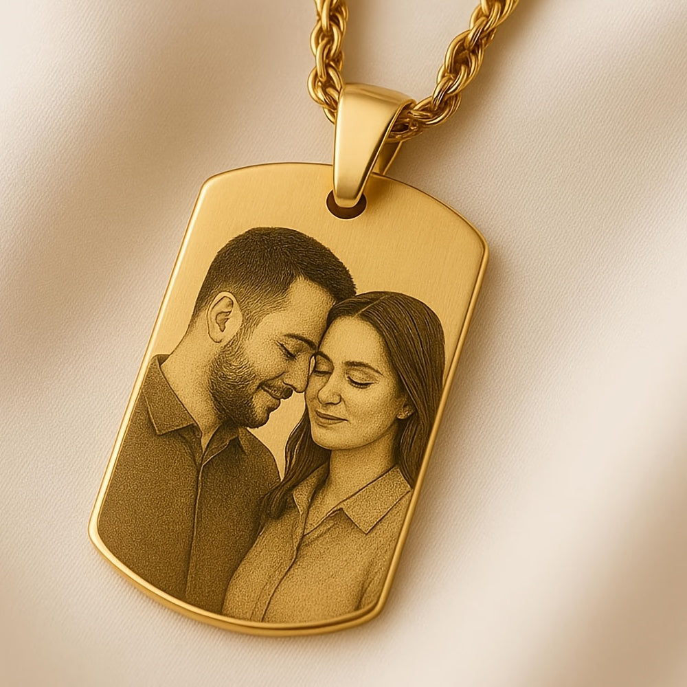 Personalized Men's Minimalist Refined Photo Name Necklace, 18K Gold Plated 304L Stainless Steel, Customizable with Your Desired Image, Unique Gift for Him, Perfect for Birthdays, Father's Day, Christmas, Valentine's Day, and Anniversary Gifts