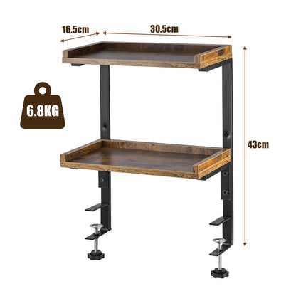 2-Tier Brown Clamp-On Desk Shelf Wood Shelving Unit Adjustable Height for Office Gaming Accessories, Tabletop Book Storage Rack