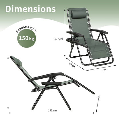 2pcs Zero Gravity Chairs, Fabric Foldable Patio Chairs Outdoor, Lounge Camping Chairs with Padded Pillow, Armrest, Footrest and Cup Holder - Textilene Fabric