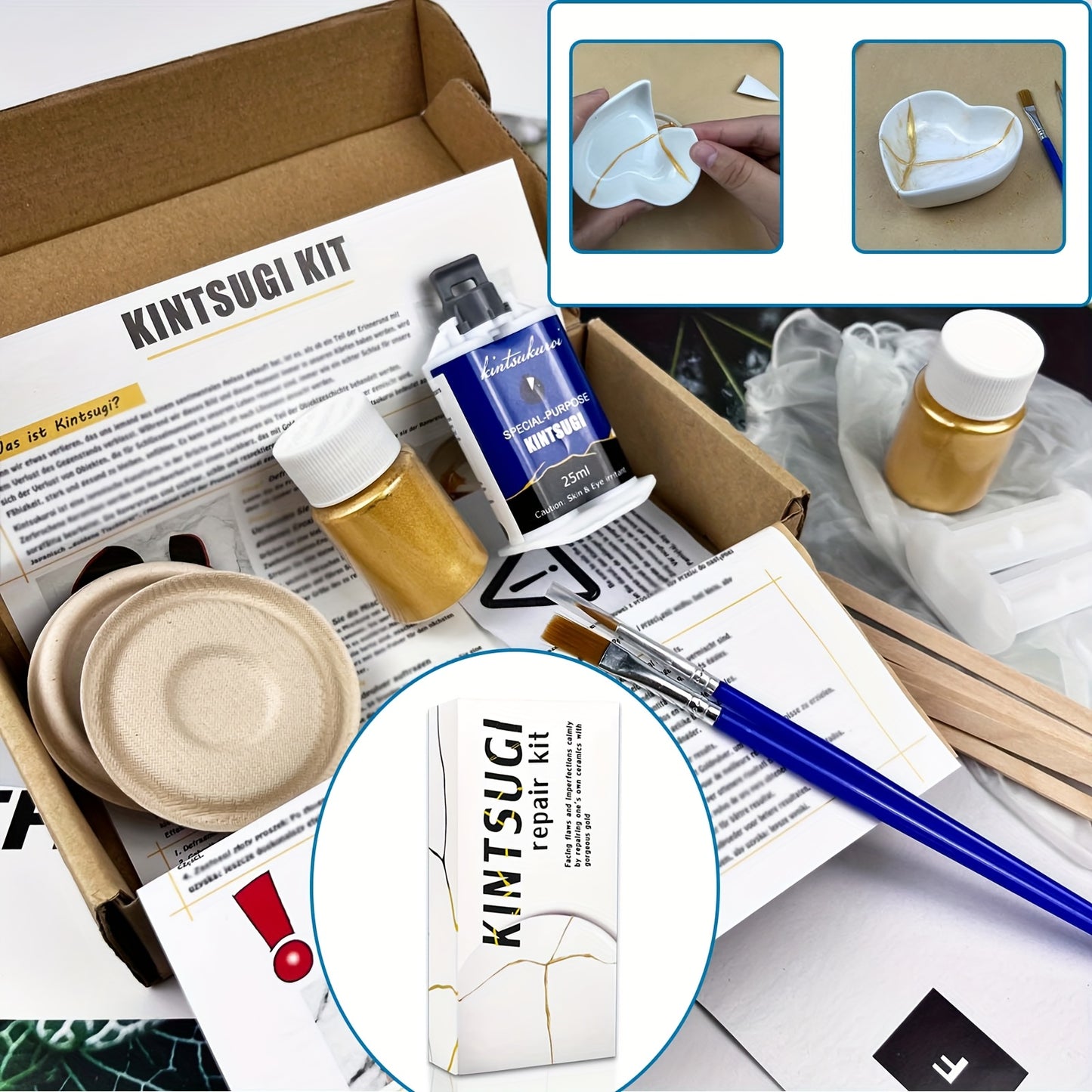 Kintsugi Repair Kit, Repair Ceramic Bowls & Vases with Golden Powder Glue, Entry-Level Kintsugi Kit Perfect for Beginners, Easy Kintsugi Craft
