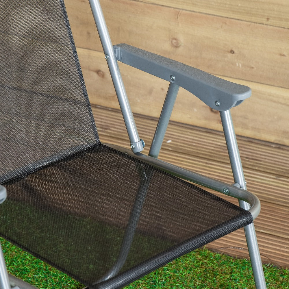 Pack of 2 Foldable Garden Chairs Powder-Coated Grey Metal Frame Black Fabric Seat Lightweight Portable Outdoor Folding Chair