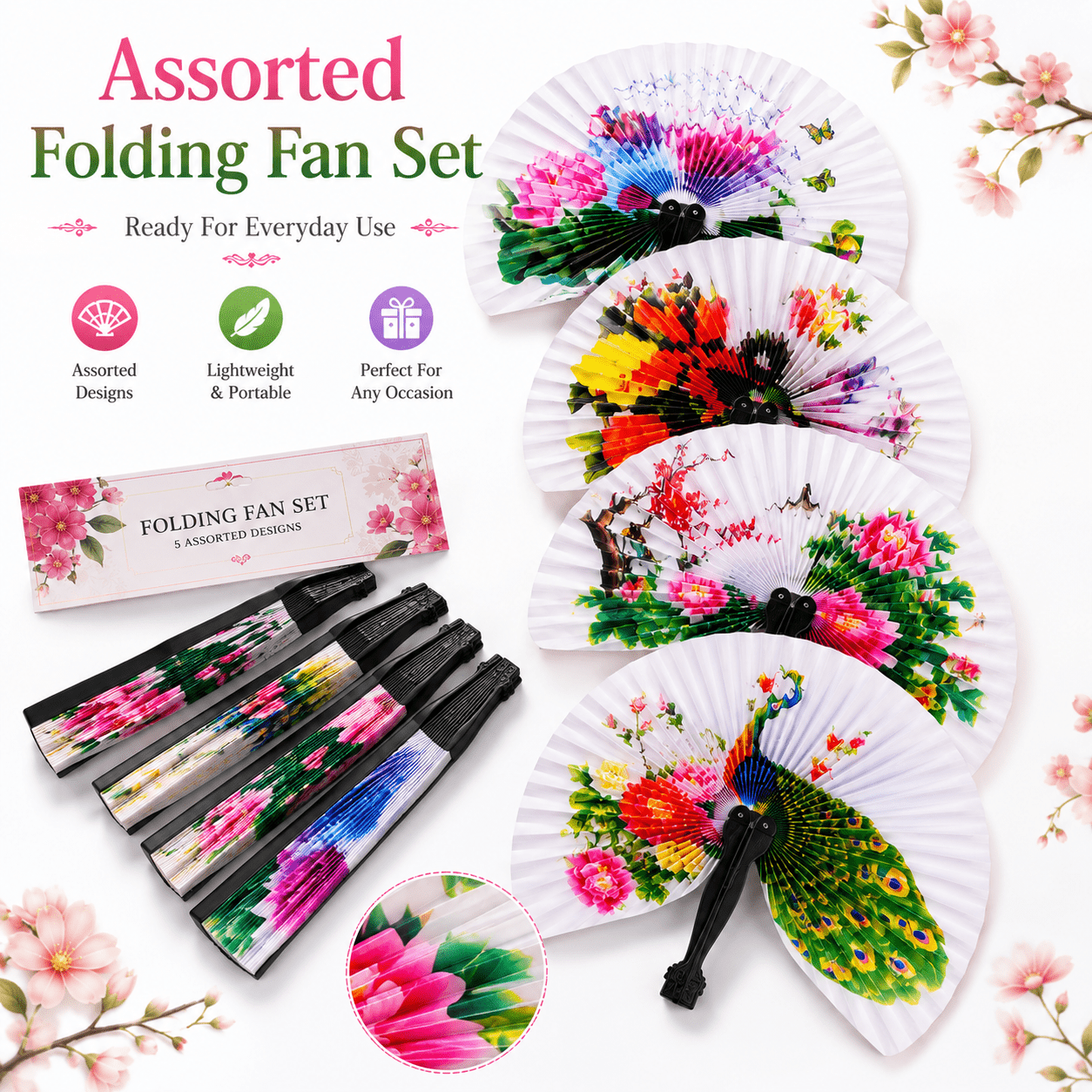 24 Folding Fans - Compact Foldable Fans Assorted Designs with Floral and Bird Patterns, Ideal as Gifts and Decorations, Paper Fans