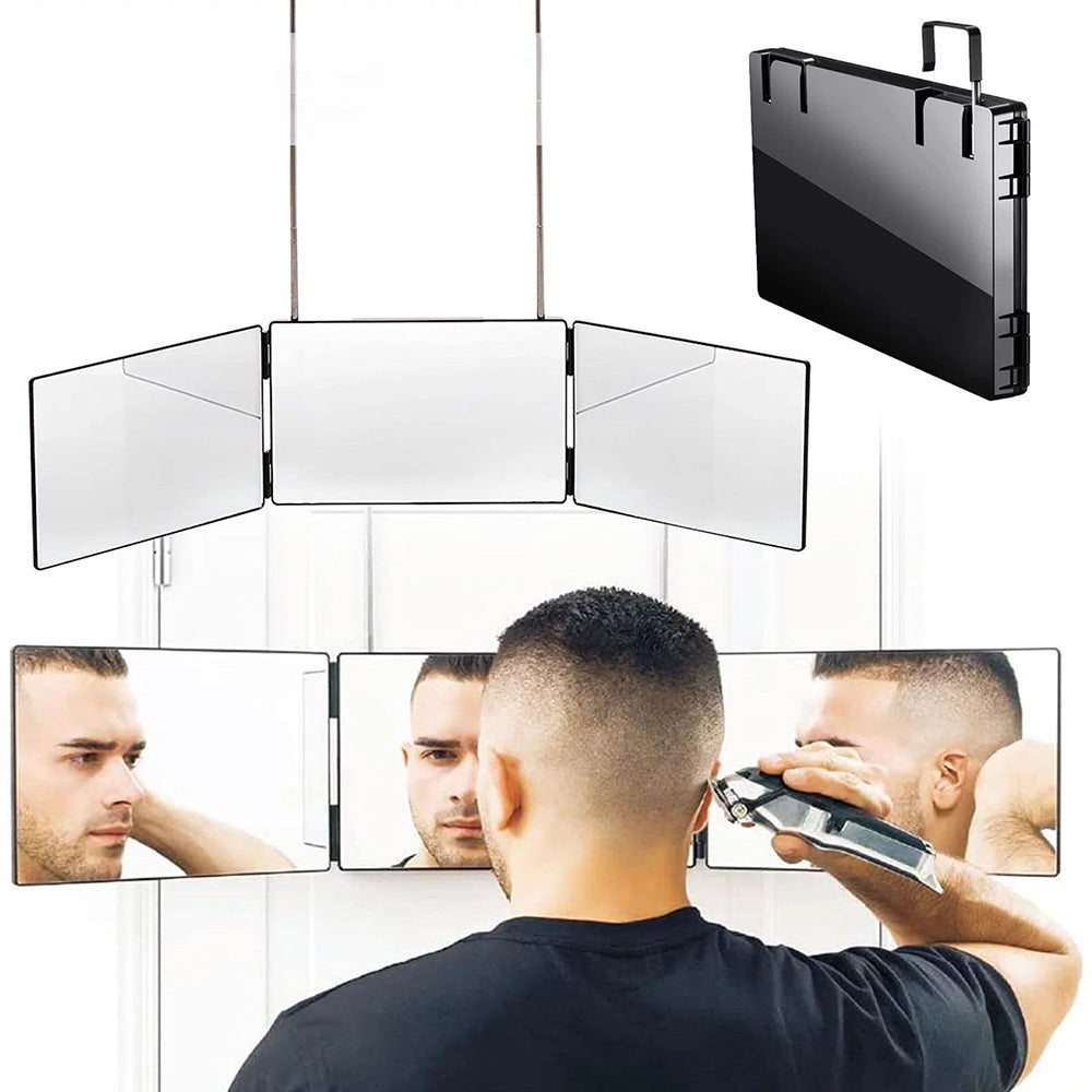 Multi-Functional Tri-Fold Makeup Mirror, Foldable Barbering Tri-Angle Mirror - Height-Adjustable, Hook-Mounted, Foldable, Wall-Mounted, Suitable for Self-Haircutting, Shaving, Grooming, Facial Treatments and Makeup Application